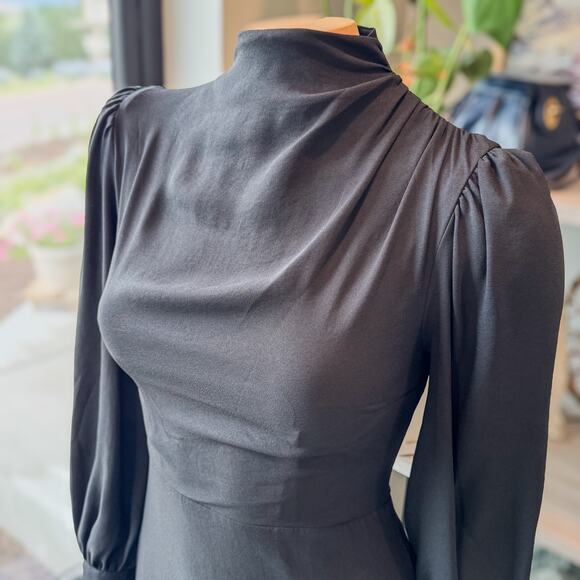 Express, Long Sleeve Draped Mock Neck Ruffle Black Mini Dress Women’s X-Small - Picture 5 of 12